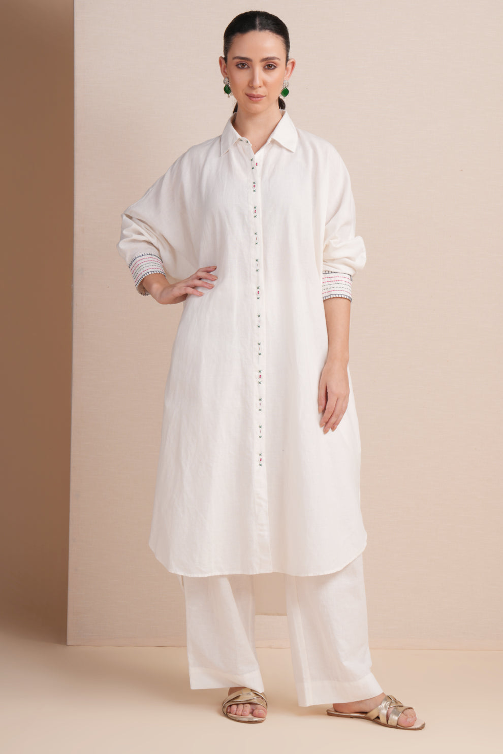 Linen White with Rani Pink  Embroidery Kaftan Set
