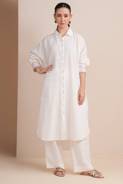 Linen White with Rani Pink  Embroidery Kaftan Set