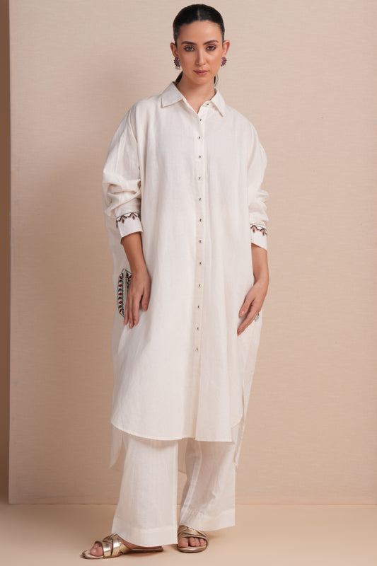 Linen White with Red & Cyan Embroidery Kaftan Set