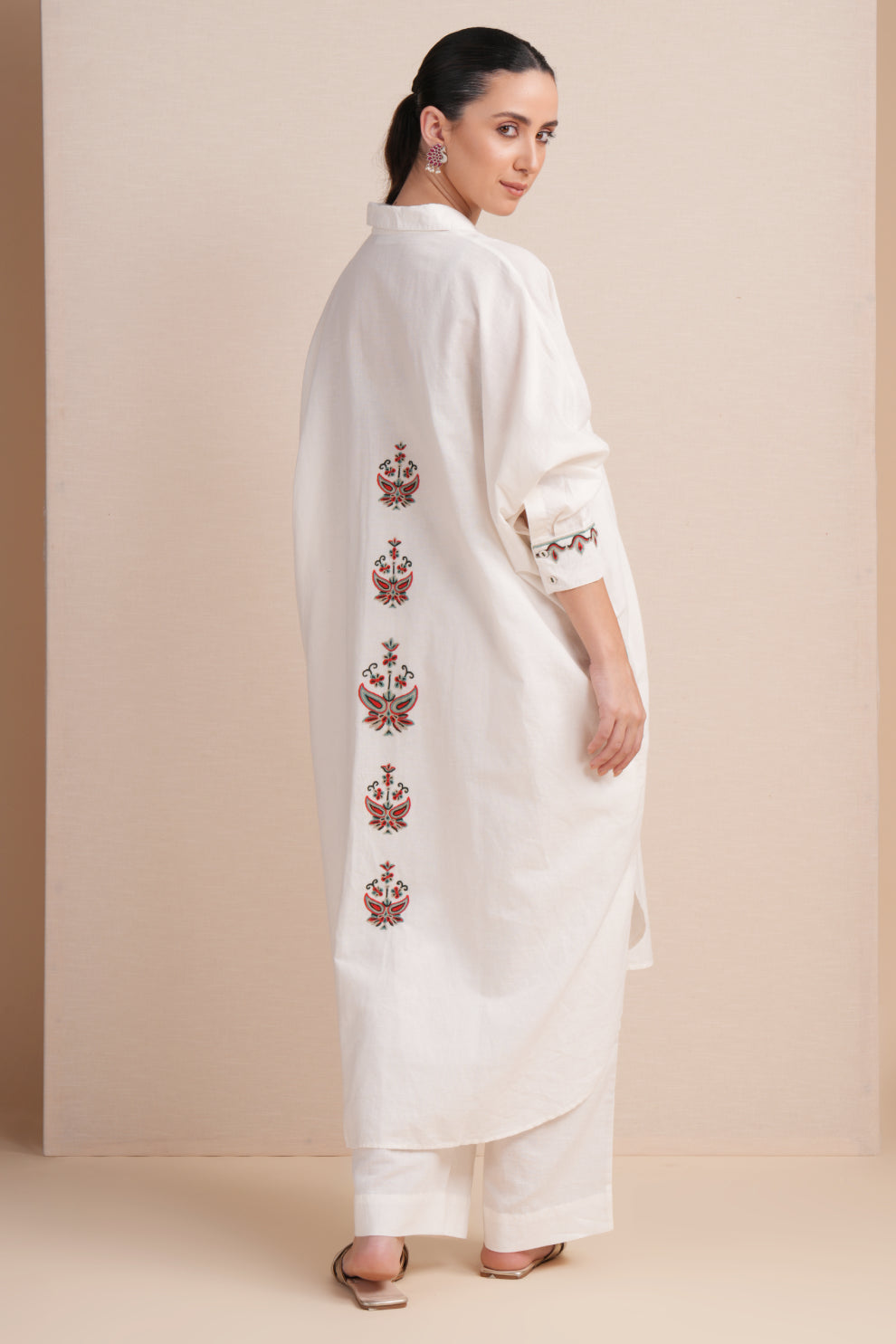 Linen White with Red & Cyan Embroidery Kaftan Set