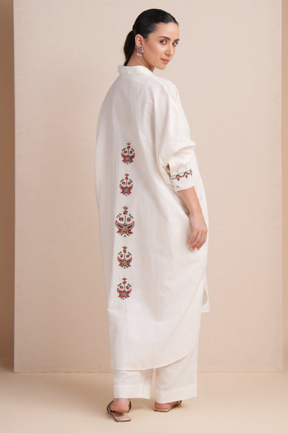 Linen White with Red & Cyan Embroidery Kaftan Set
