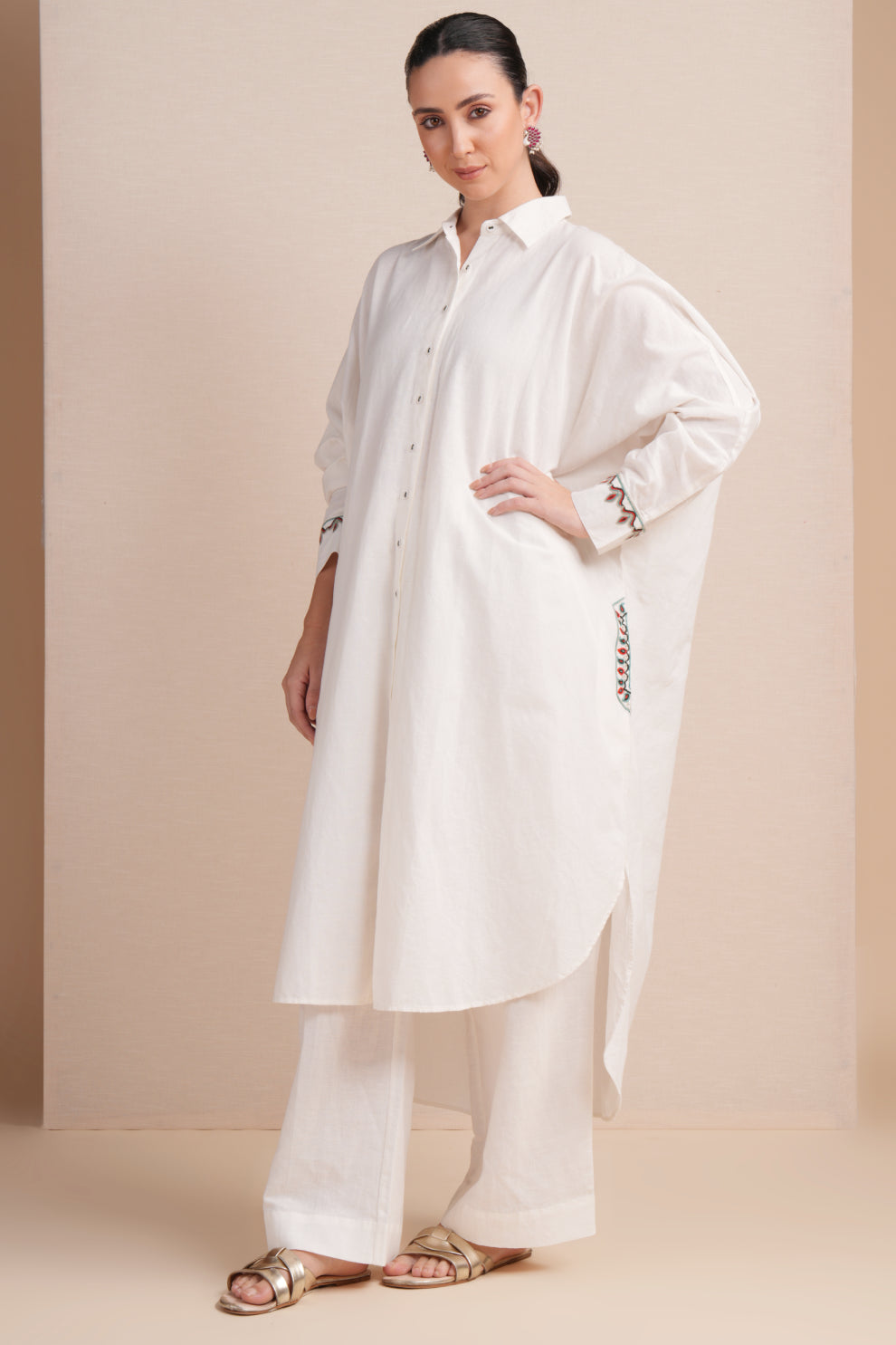 Linen White with Red & Cyan Embroidery Kaftan Set