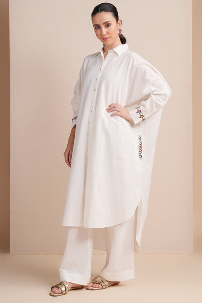 Linen White with Red & Cyan Embroidery Kaftan Set