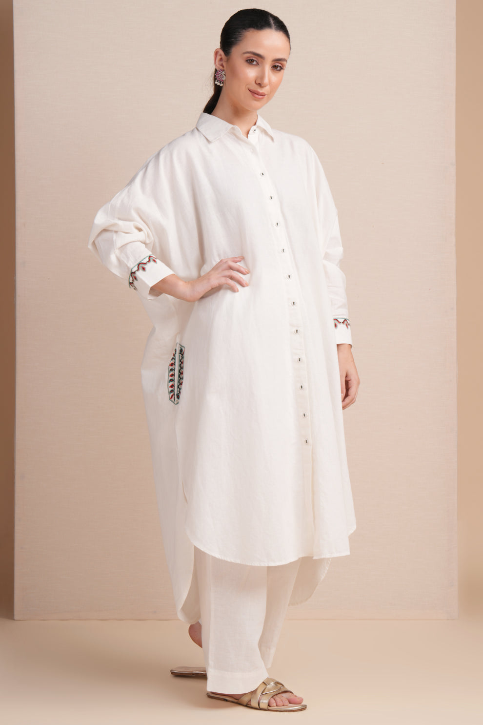 Linen White with Red & Cyan Embroidery Kaftan Set