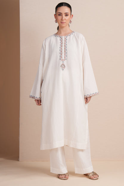 Linen White with Rust Embroidery Pheran Set