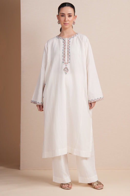 Linen White with Rust Embroidery Pheran Set