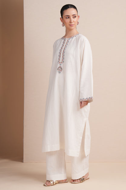 Linen White with Rust Embroidery Pheran Set