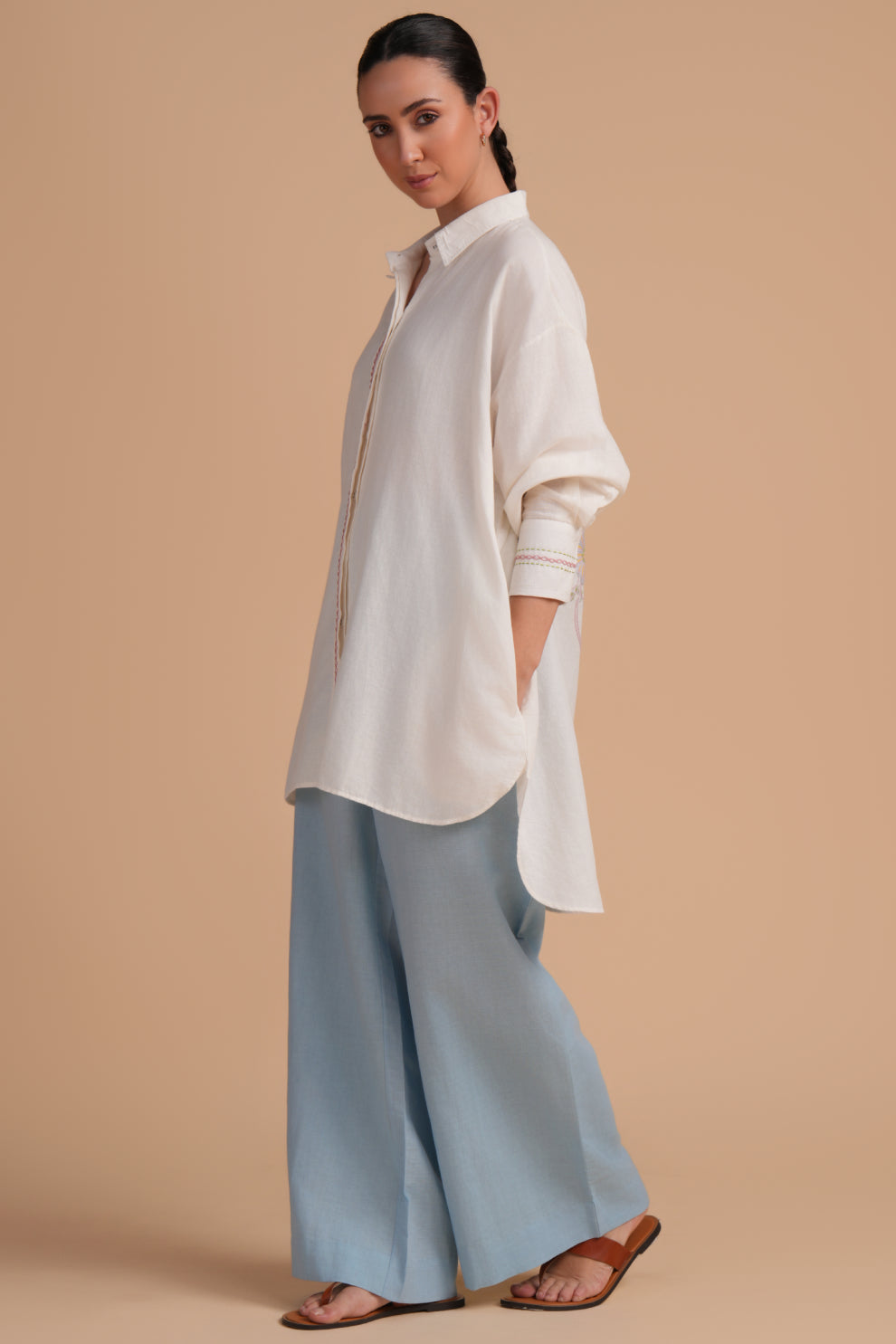 Linen High/Low Dream Blue Shirt Set