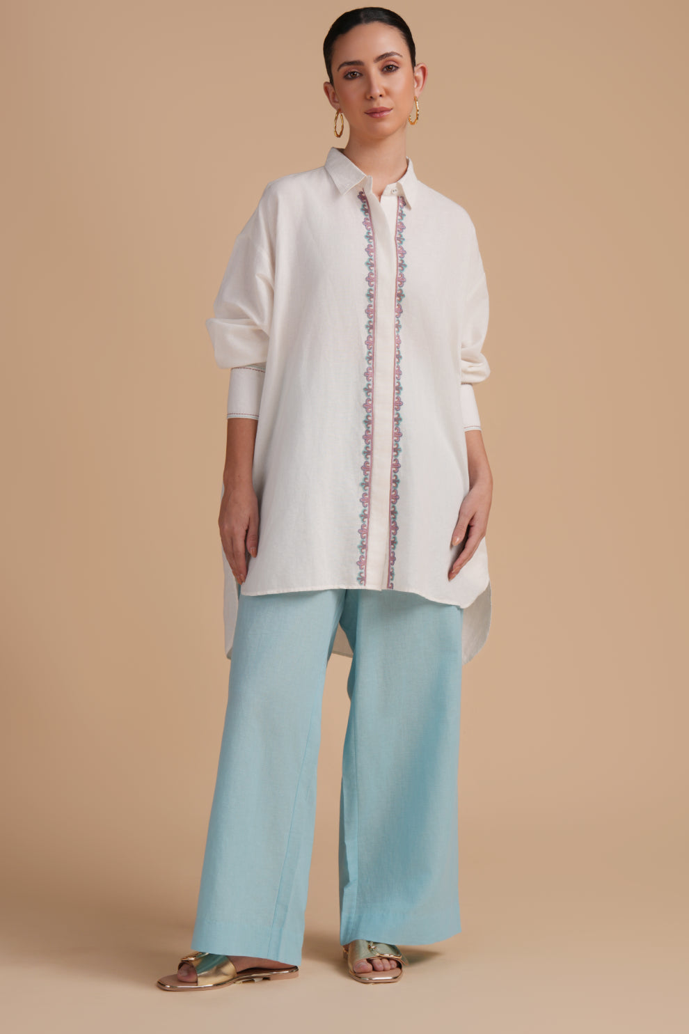 Linen High/Low Iced Aqua Shirt Set