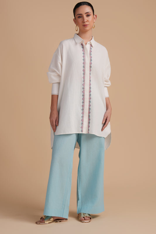 Linen High/Low Iced Aqua Shirt Set