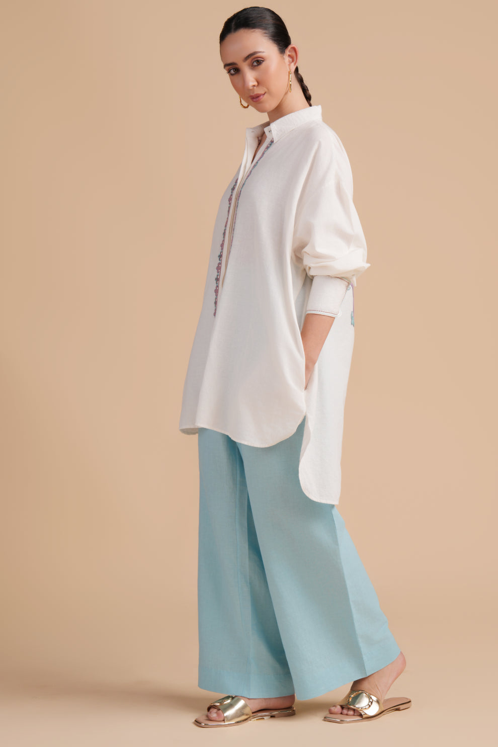 Linen High/Low Iced Aqua Shirt Set