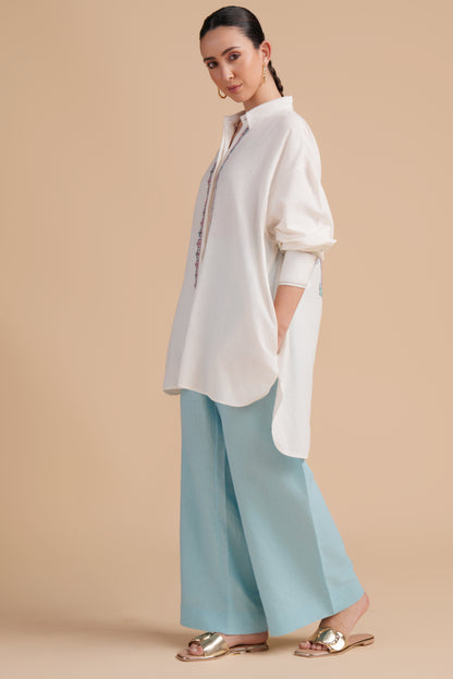 Linen High/Low Iced Aqua Shirt Set
