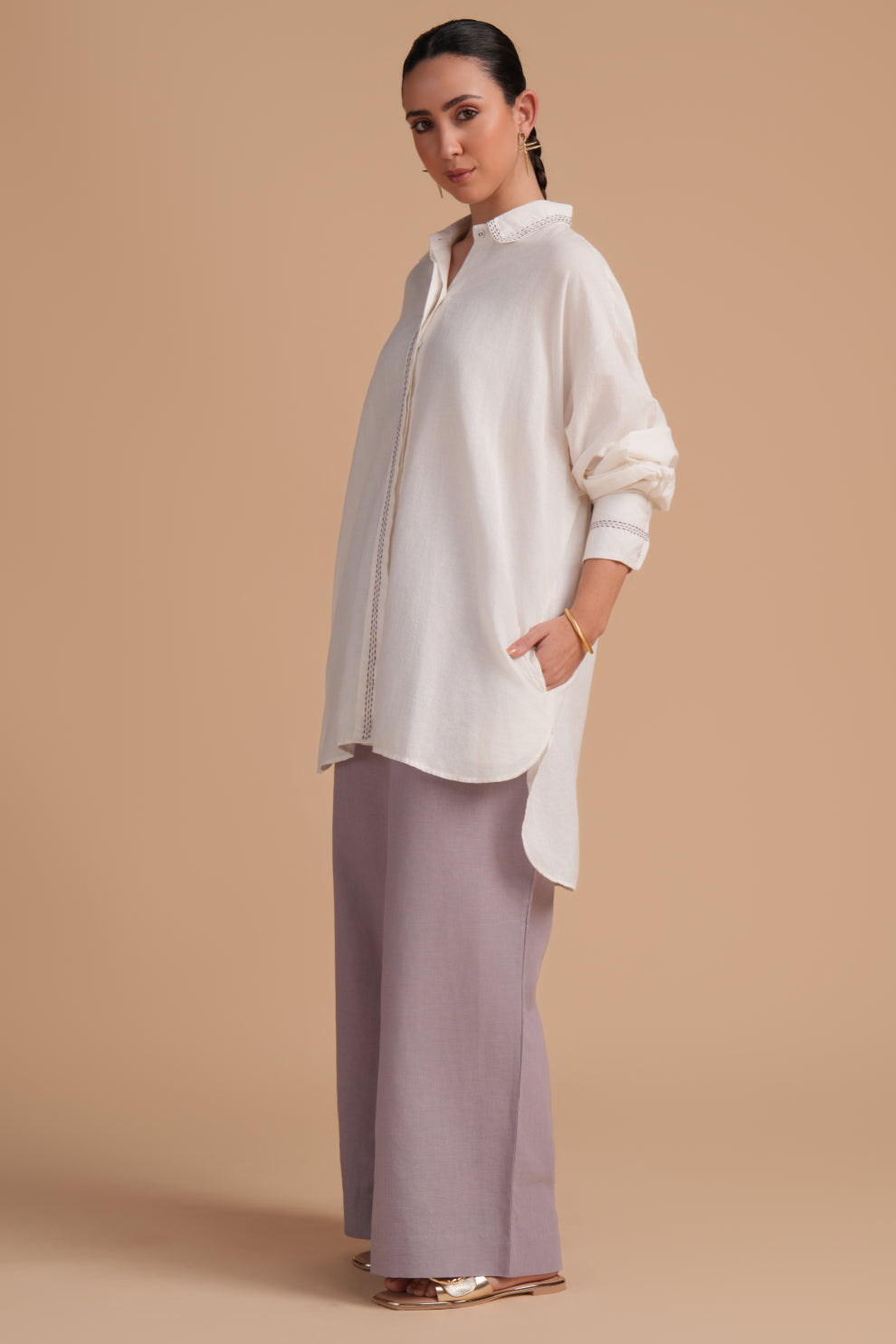 Linen High/Low Lilac Marble Shirt Set