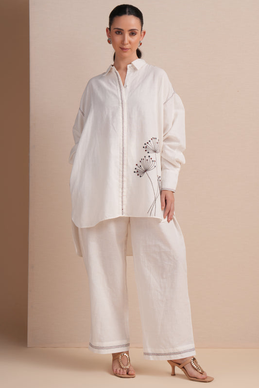 Linen High/Low Maroon & Navy Embroidery Shirt Set