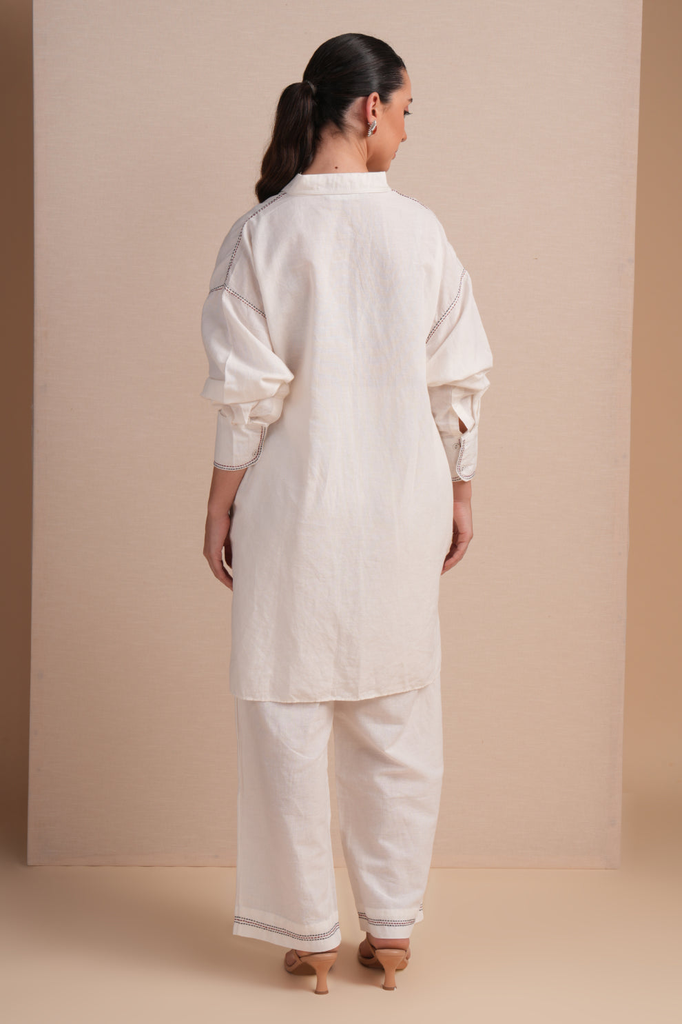 Linen High/Low Maroon & Navy Embroidery Shirt Set