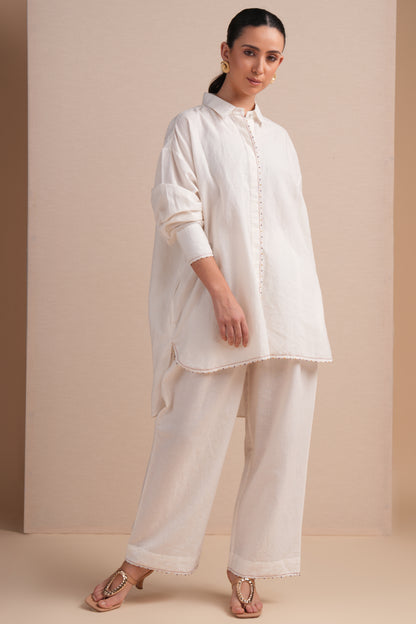 Linen High/Low Purple Embroidery Shirt Set