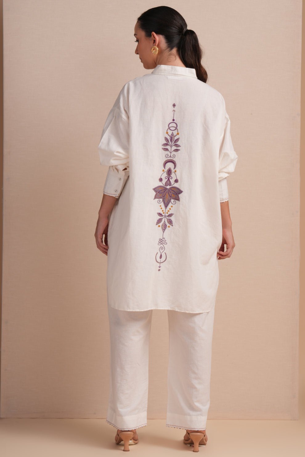 Linen High/Low Purple Embroidery Shirt Set