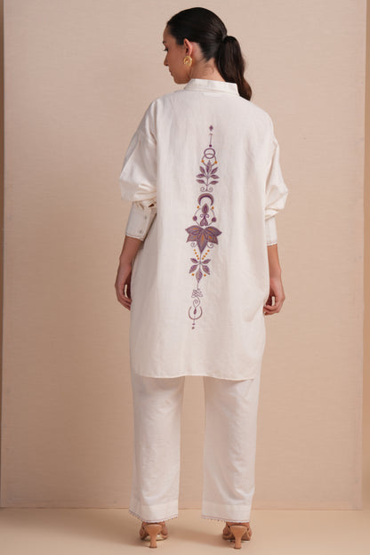 Linen High/Low Purple Embroidery Shirt Set