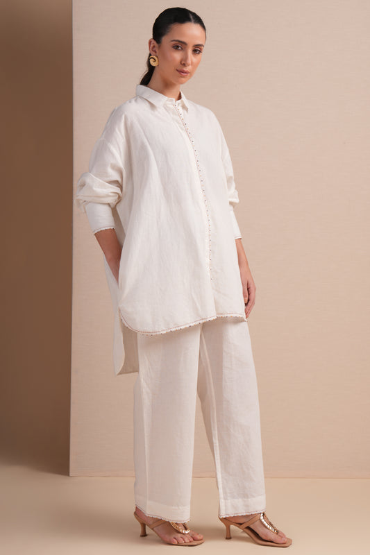 Linen High/Low Purple Embroidery Shirt Set