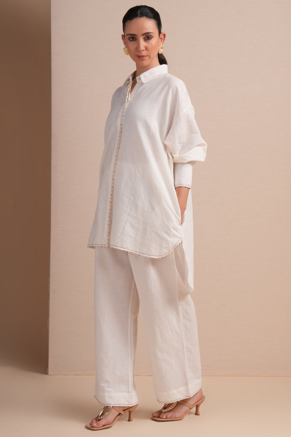 Linen High/Low Purple Embroidery Shirt Set