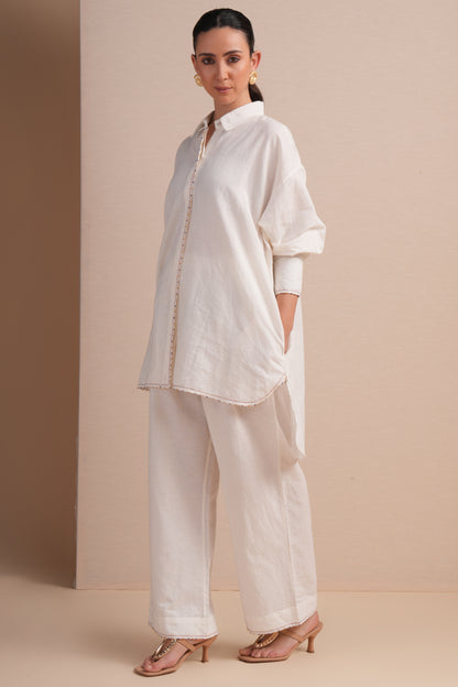 Linen High/Low Purple Embroidery Shirt Set
