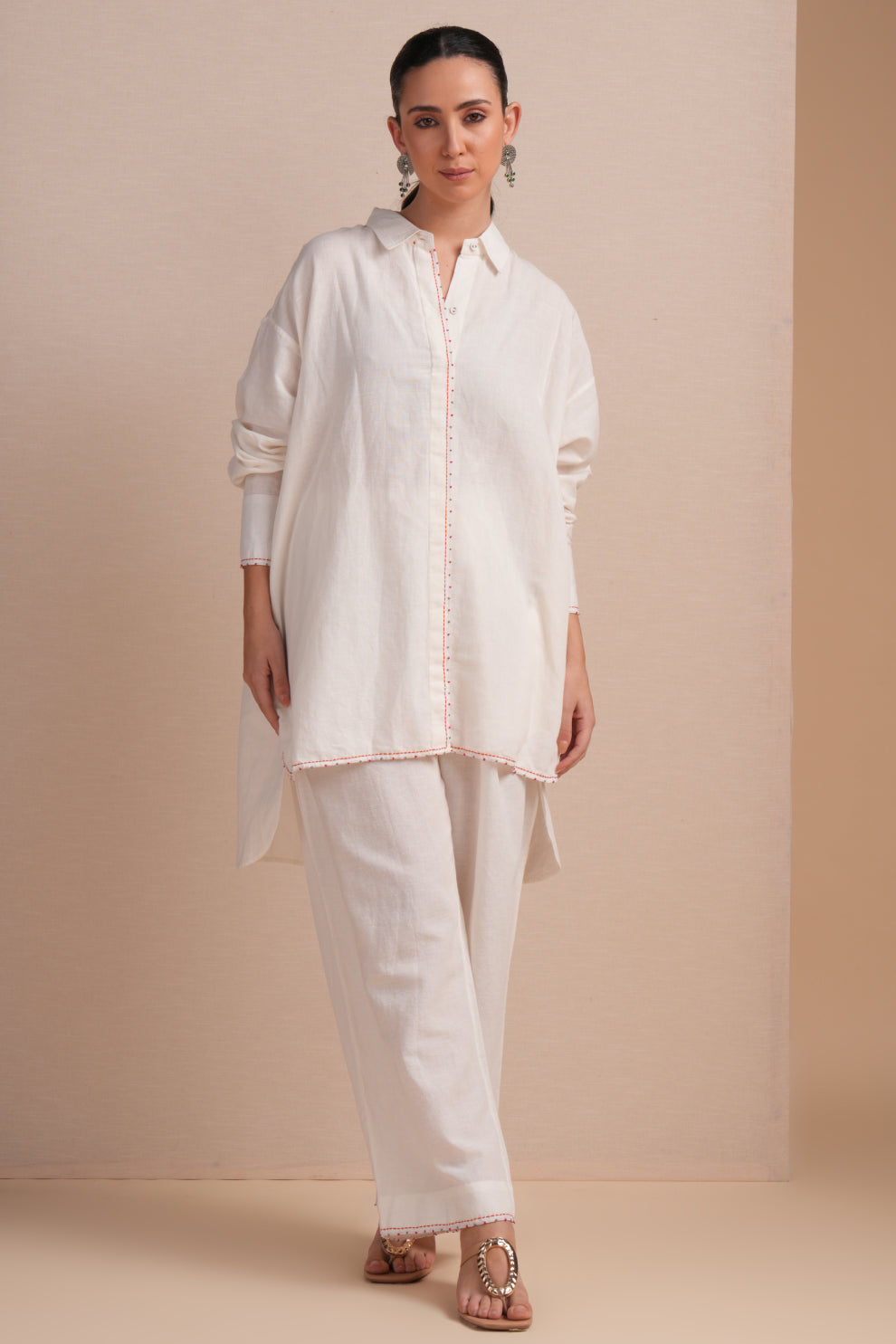Linen High/Low Rani Pink Embroidery Shirt Set