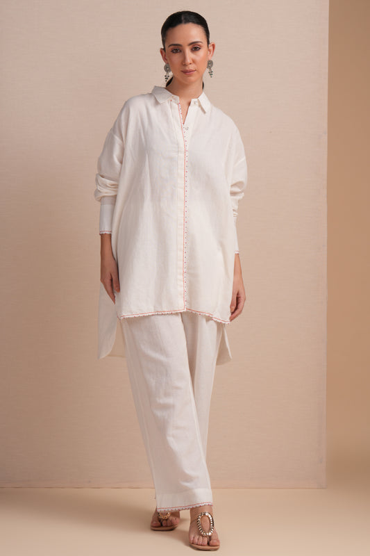 Linen High/Low Rani Pink Embroidery Shirt Set