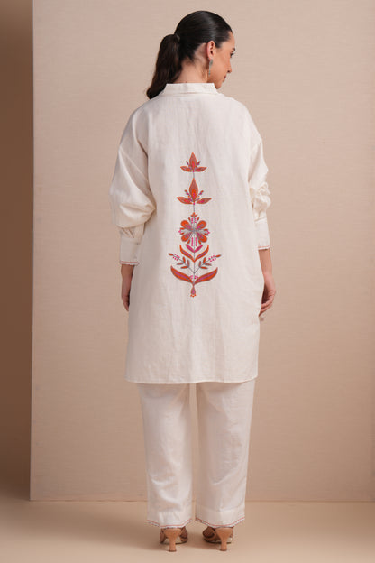 Linen High/Low Rani Pink Embroidery Shirt Set