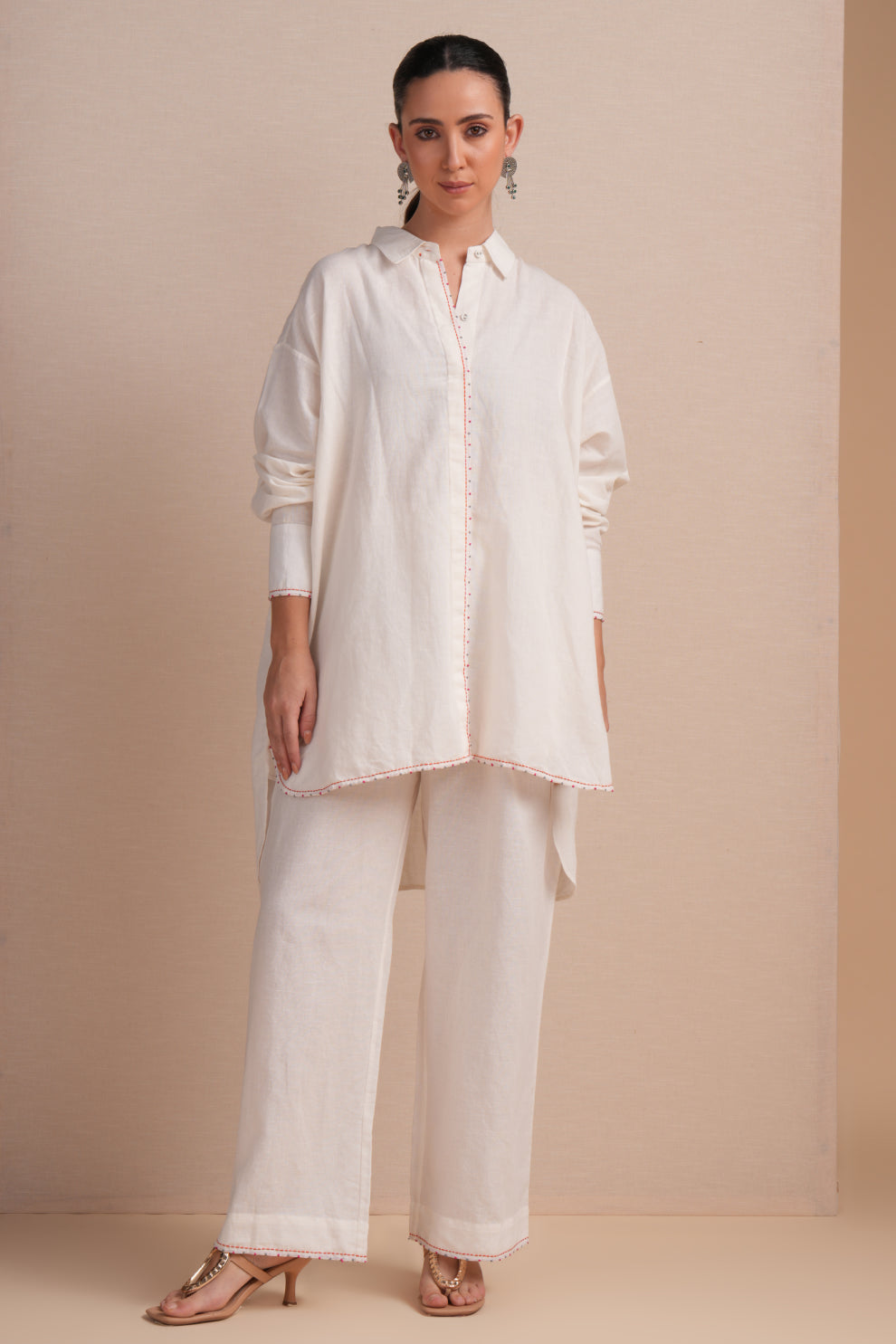 Linen High/Low Rani Pink Embroidery Shirt Set