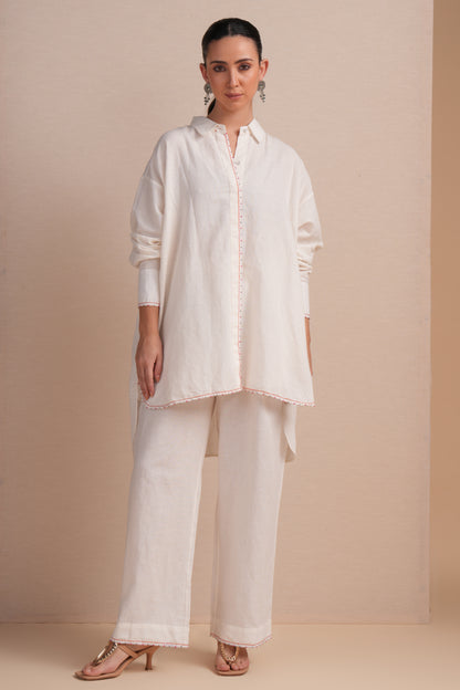 Linen High/Low Rani Pink Embroidery Shirt Set