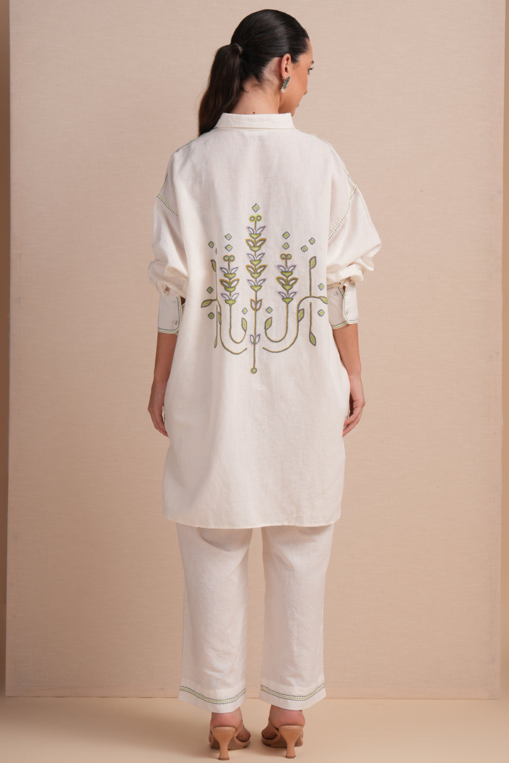 Linen High/Low Sap Green Embroidery Shirt Set
