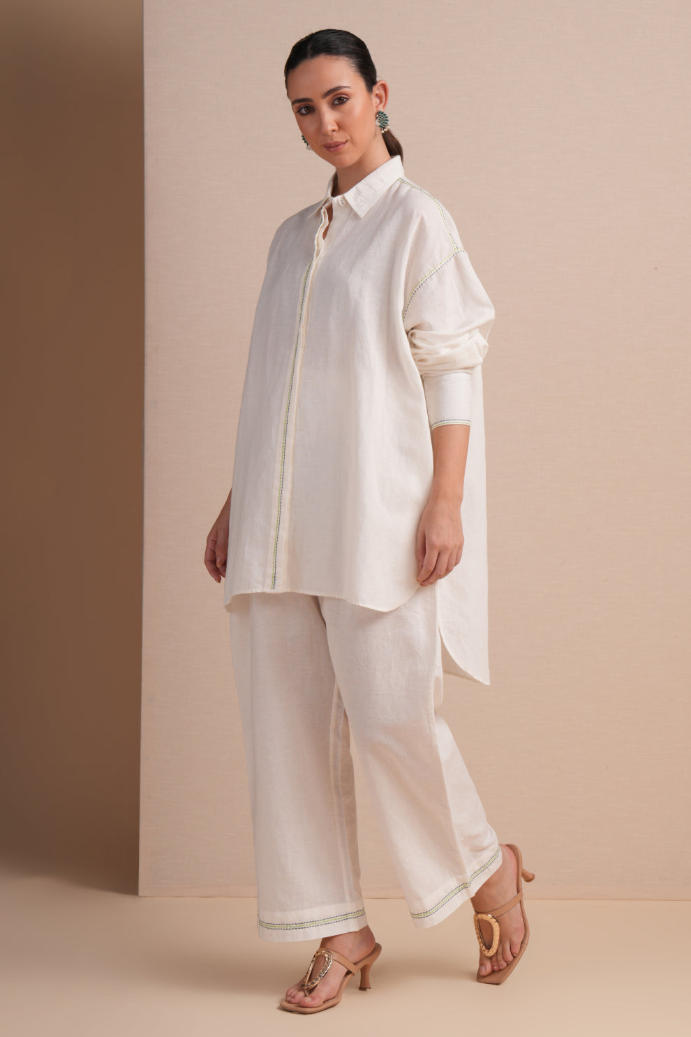 Linen High/Low Sap Green Embroidery Shirt Set