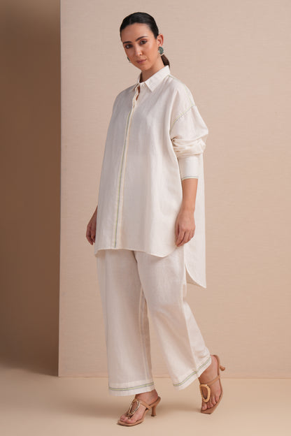 Linen High/Low Sap Green Embroidery Shirt Set