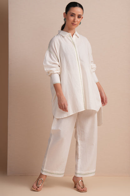 Linen High/Low Sap Green Embroidery Shirt Set