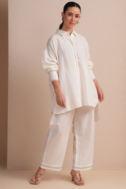 Linen High/Low Sap Green Embroidery Shirt Set