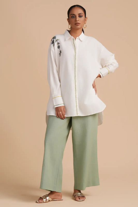 Linen High/Low Smoke Green Shirt Set