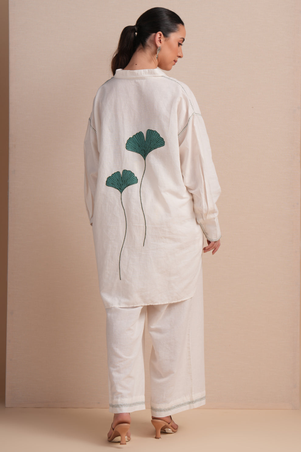 Linen High/Low Teal Green Embroidery Shirt Set