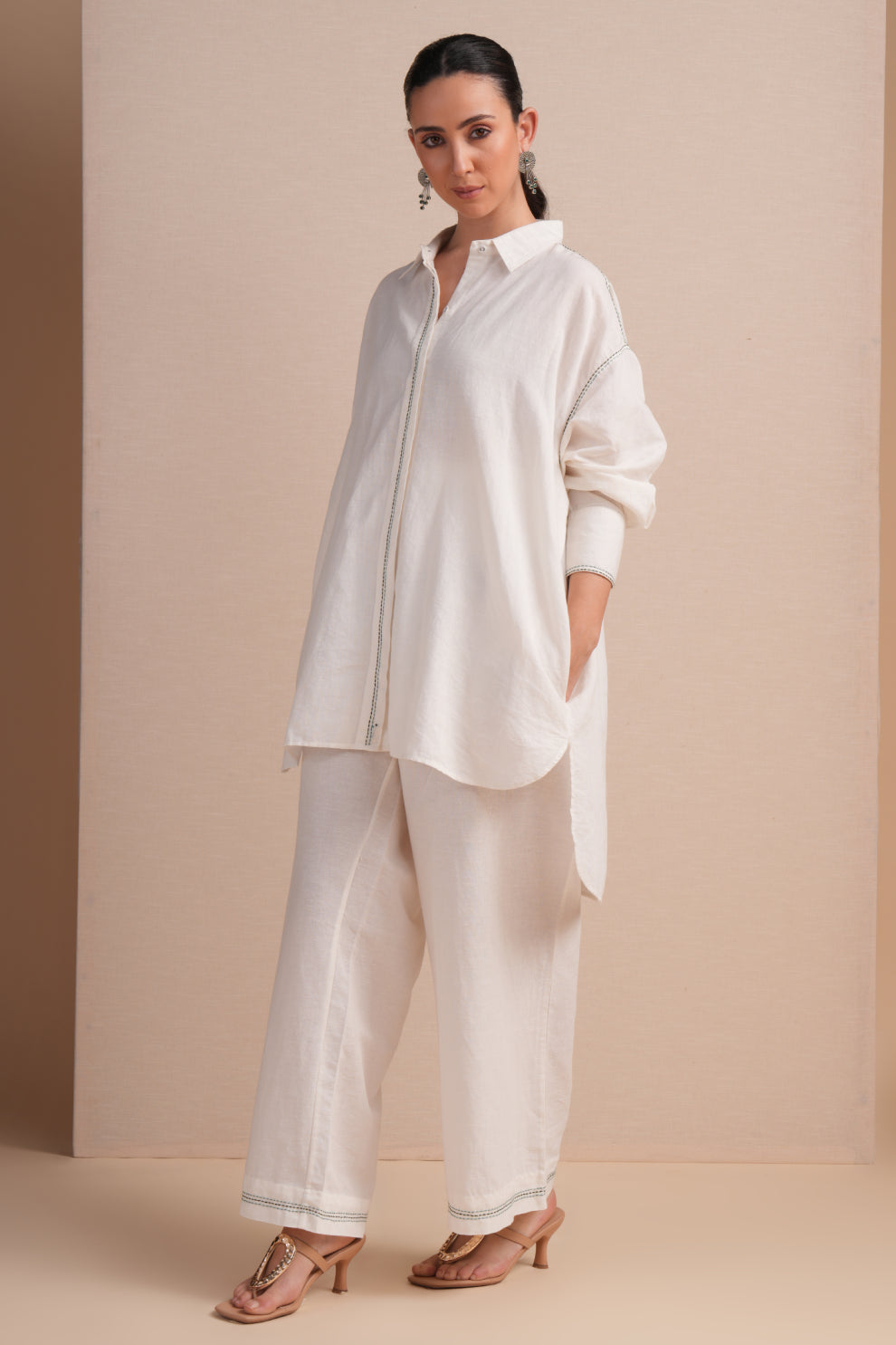 Linen High/Low Teal Green Embroidery Shirt Set