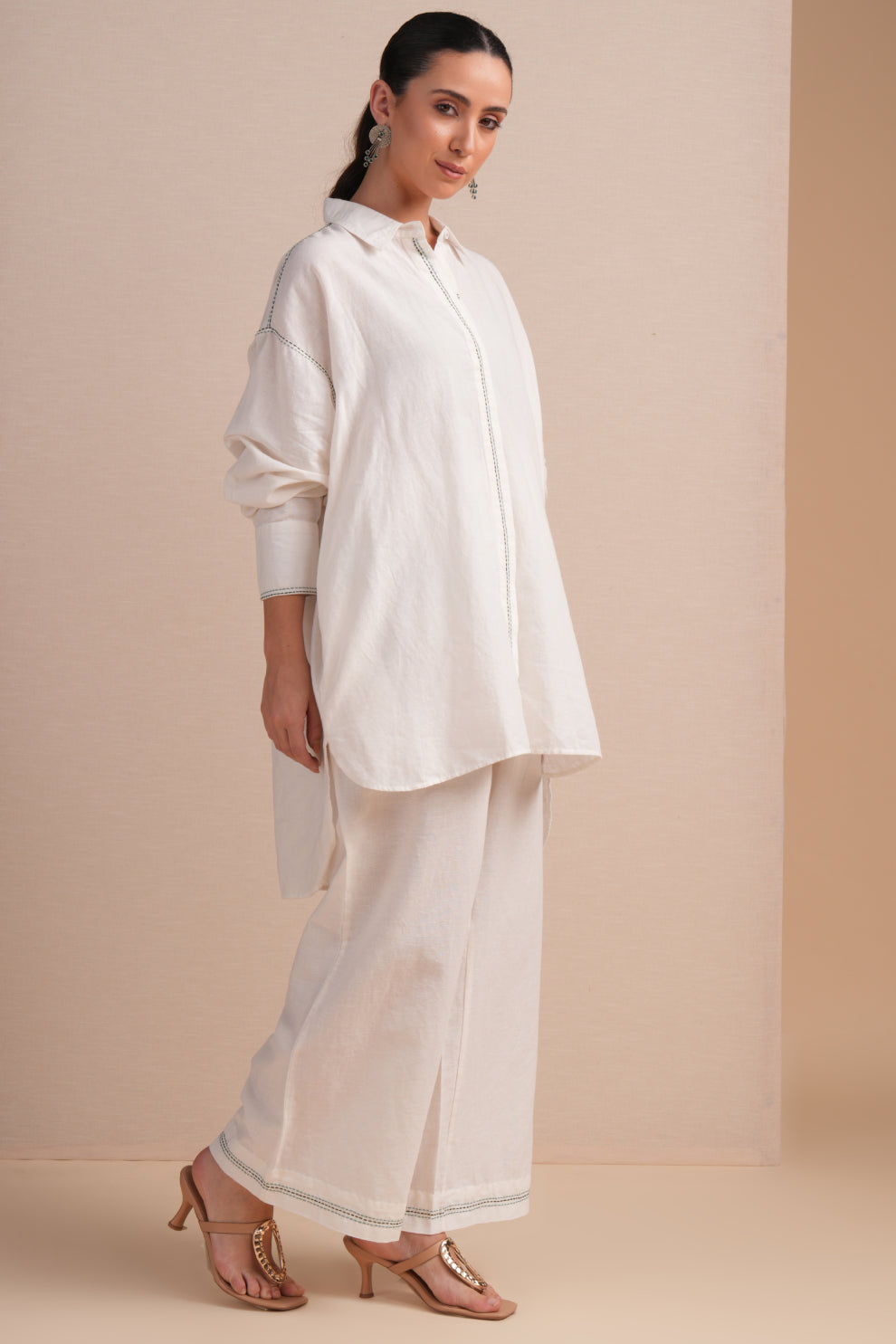 Linen High/Low Teal Green Embroidery Shirt Set