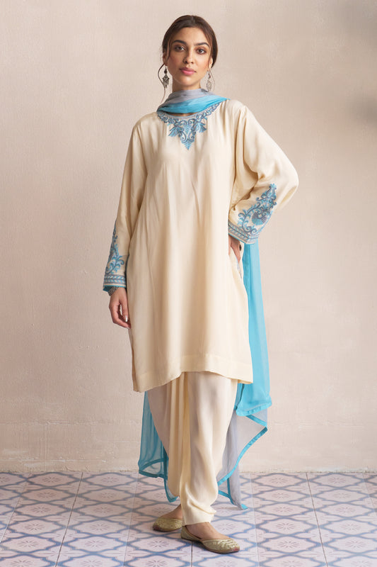 Aari Embroidered Ivory Set - BALLAD BLUE