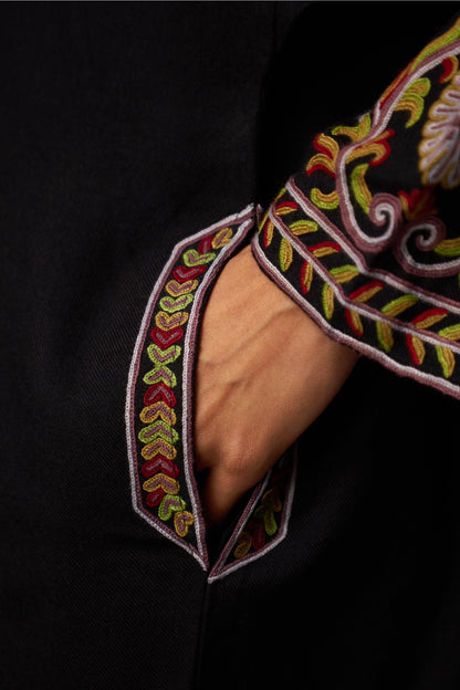 Woollen Pheran Set/Aari - Black with Maroon Embroidery