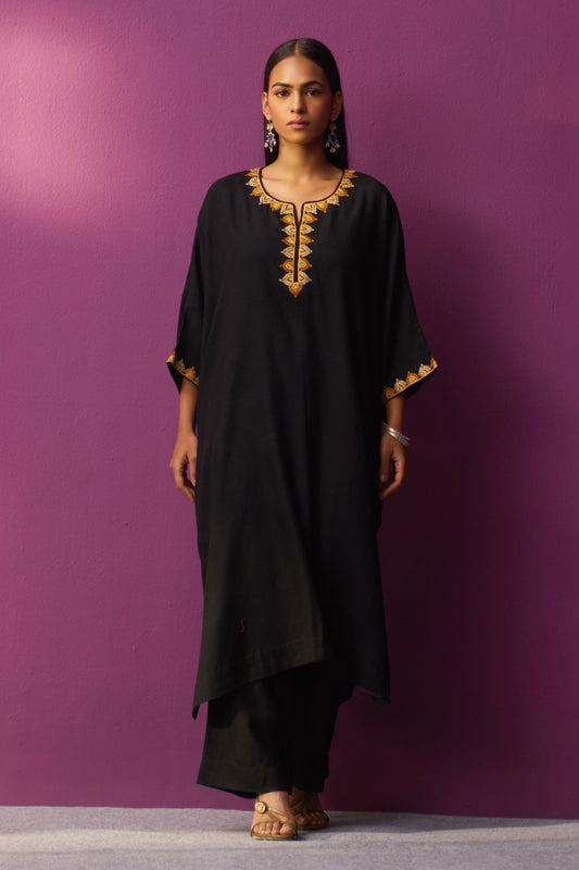 Woollen Kaftan/Aari - Black With mustard Embroidery