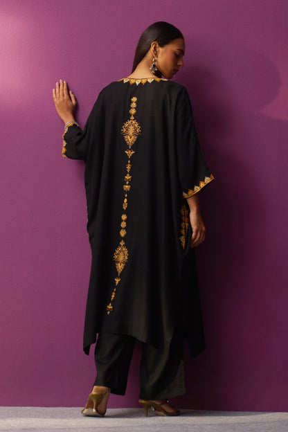 Woollen Kaftan/Aari - Black With mustard Embroidery
