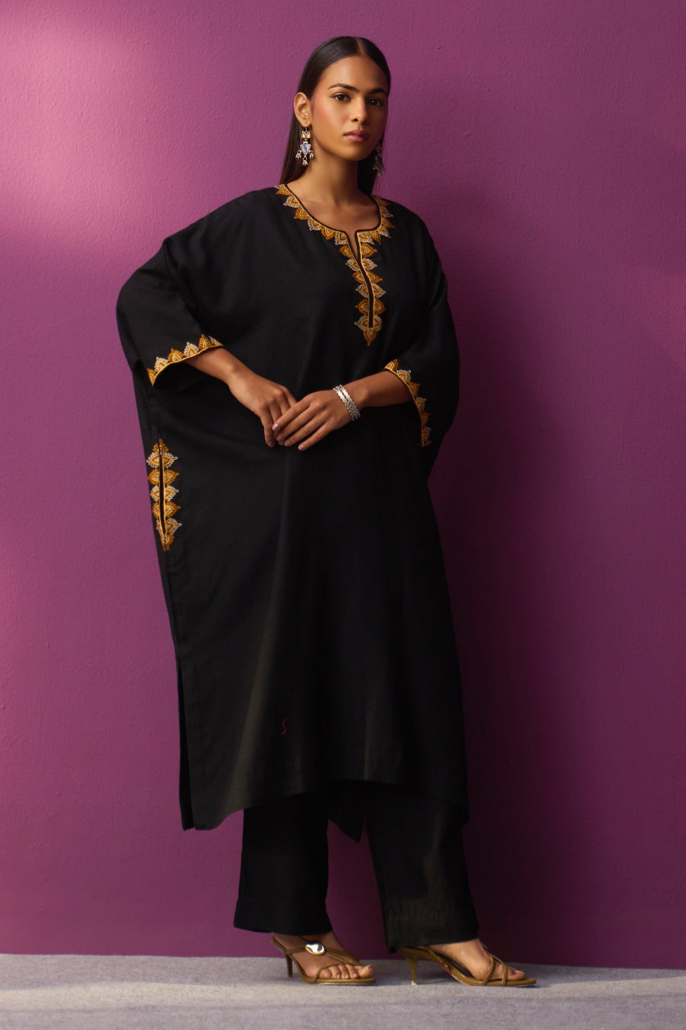 Woollen Kaftan/Aari - Black With mustard Embroidery