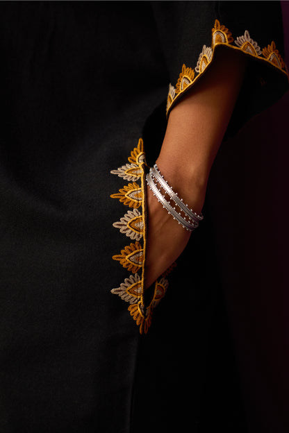Woollen Kaftan/Aari - Black With mustard Embroidery