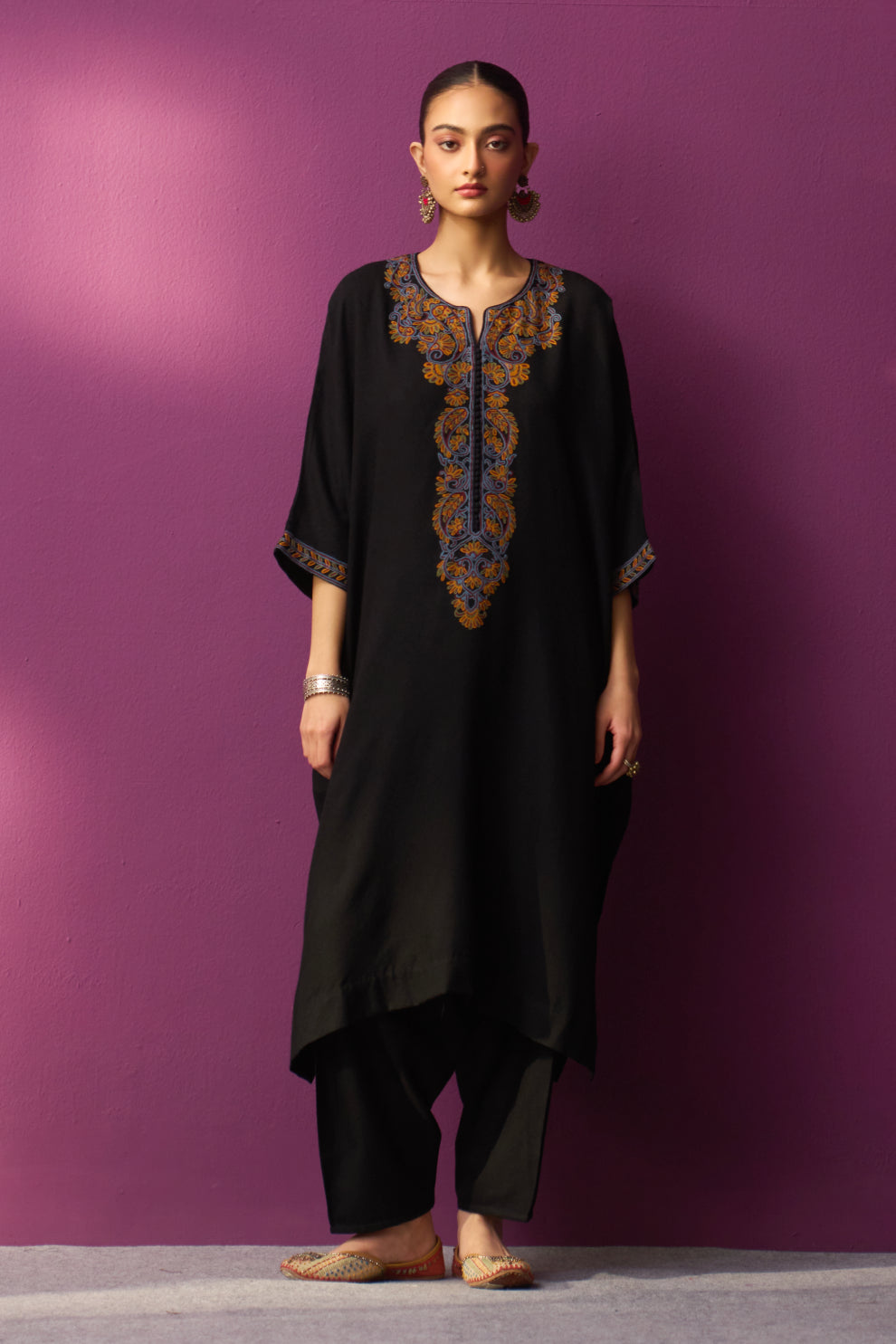 Woollen Kaftan/Aari -  Black with Vibrant Embroidery