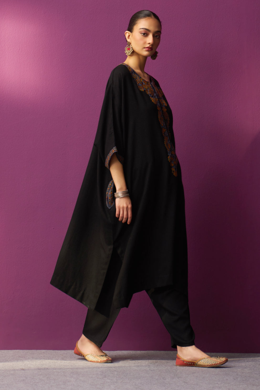 Woollen Kaftan/Aari -  Black with Vibrant Embroidery