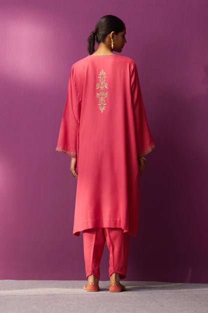 Woollen Pheran Set/Aari - Calypso Coral