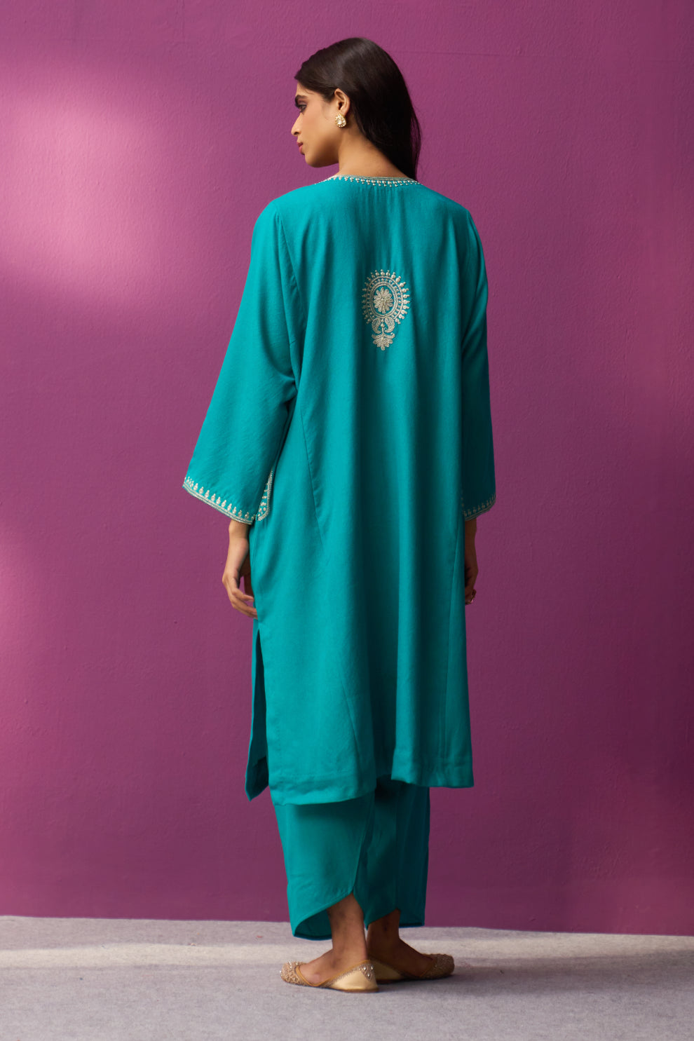 Woollen Pheran Set/Tilla - Firozi