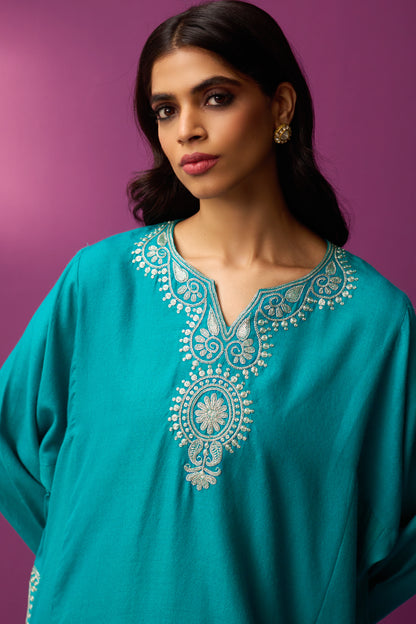 Woollen Pheran Set/Tilla - Firozi